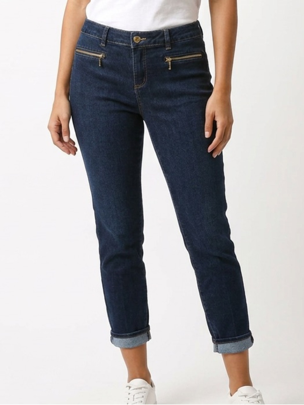 Michael Kors Dark Indigo Cropped Ankle Jeans with Gold Zips